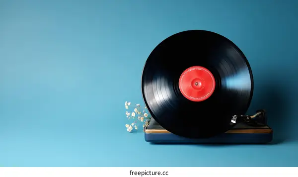 Vintage Record Player and Vinyl Record on Blue Background