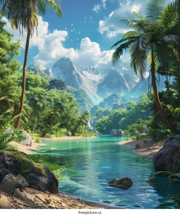 Tropical Paradise: Mountains, Palm Trees, River, and Beach