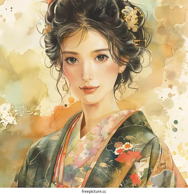 A beautiful Japanese woman in a kimono with a traditional hairstyle and makeup.