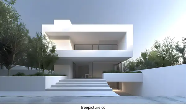Modern Minimalist House with White Facade and Green Trees