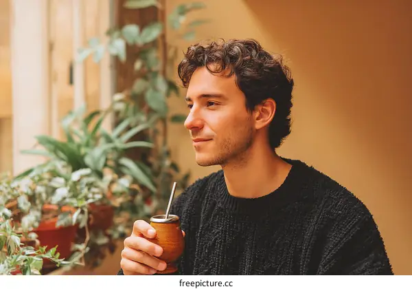 A Man Enjoying Mate in a Cafe Setting