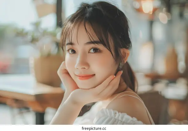 Smiling Asian Woman Posing with Her Hands on Her Chin in a Cafe