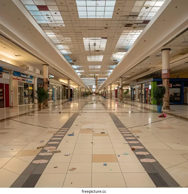 Abandoned Shopping Mall Interior With Broken Ceiling And Debris