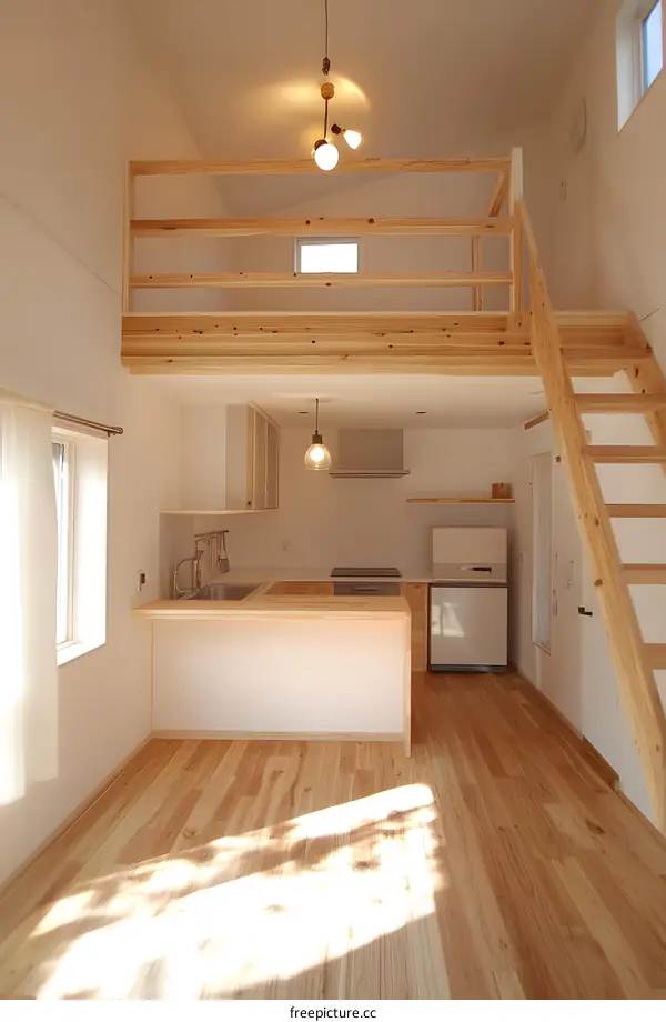 Modern Minimalist Loft Style Kitchen Interior Design with Wooden Flooring and Staircase