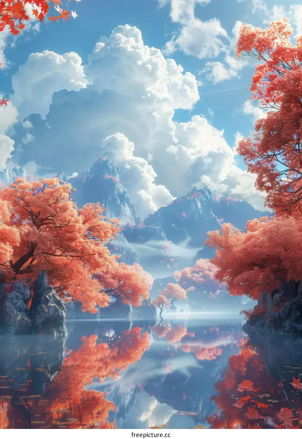 Fall Foliage Panorama with Mountains and Lake