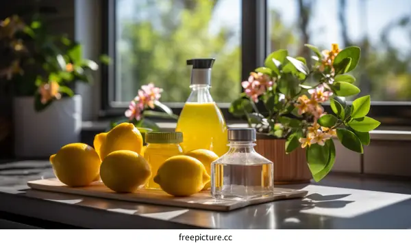 Lemons and flowers on a table