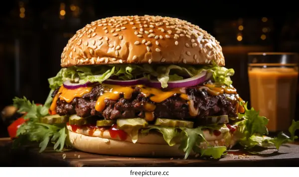Mouthwatering Cheeseburger with Lettuce, Tomato, Onion, Pickles