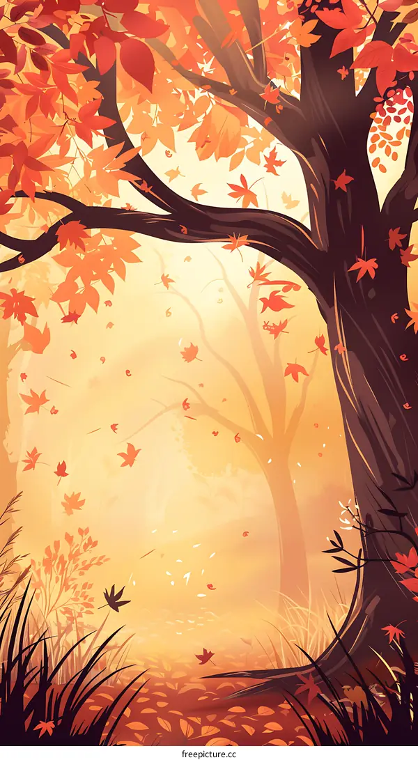 Autumn Forest Illustration with Red Leaves Falling