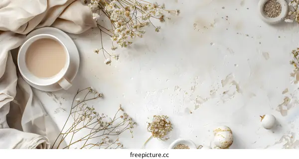 Flat Lay of Coffee Cup with Flowers and White Background