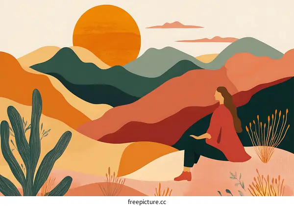 Woman Sitting on a Hilltop with a Sunset View