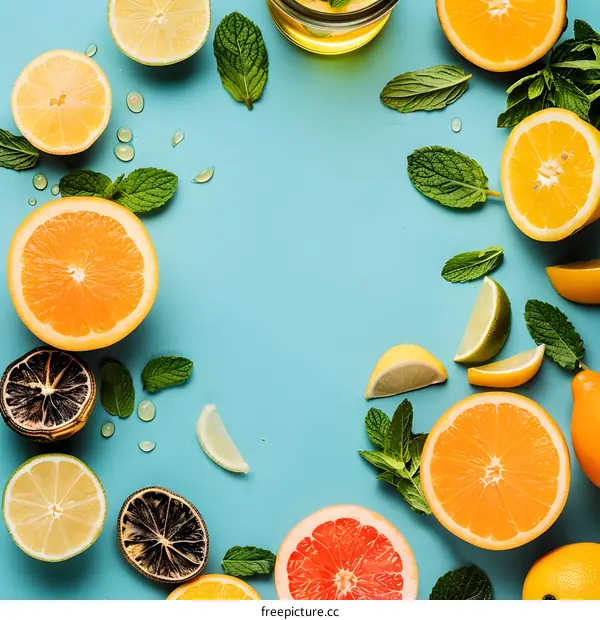 Citrus Fruits and Mint Leaves on Blue Background