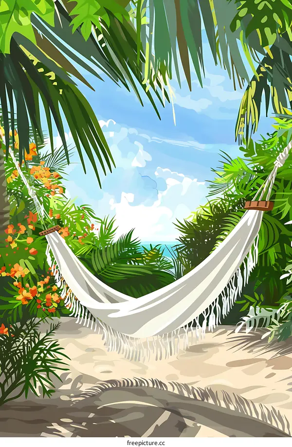 Tropical Hammock Illustration with Palm Trees and White Clouds