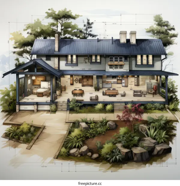 An illustration of a house plan with an open floor plan