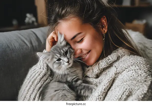 Woman and Kitten Cozying Up on Sofa