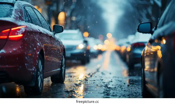 Snowy street with cars parked on either side