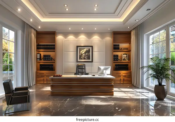 Office interior with wooden furniture and marble floor