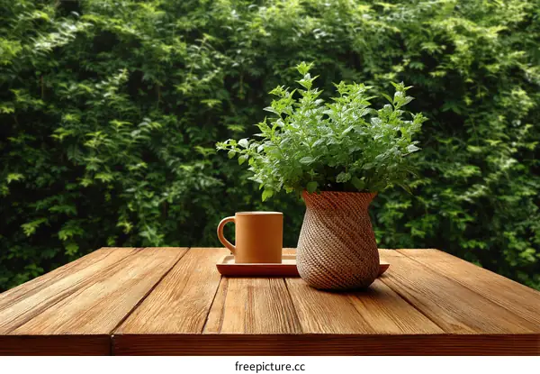 Wooden Table with Fresh Mint in a Vase