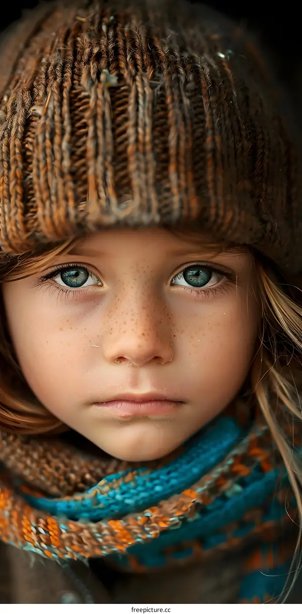 portrait of a girl with freckles wearing a brown hat and a blue scarf