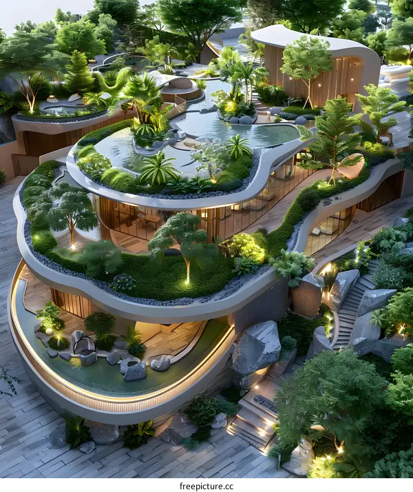 Futuristic architecture with a rooftop garden