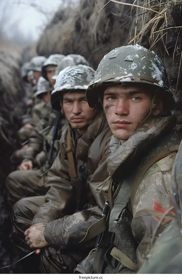 A group of soldiers in a trench during the Chechnya War.