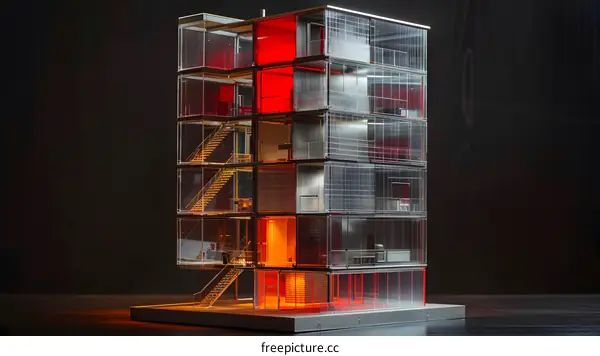 Modern Glass Building Architecture Model With Red and Yellow Lighting