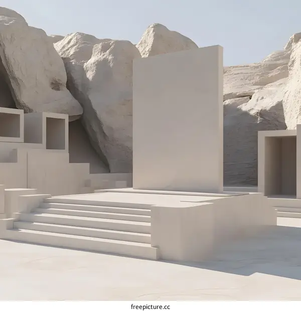 Minimalist White Stone Architectural Design with Stairs and Large Panel in Rocky Landscape