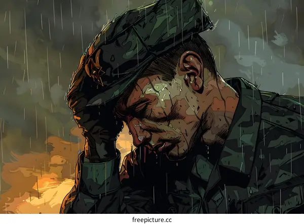 A soldier with a green hat is saluting