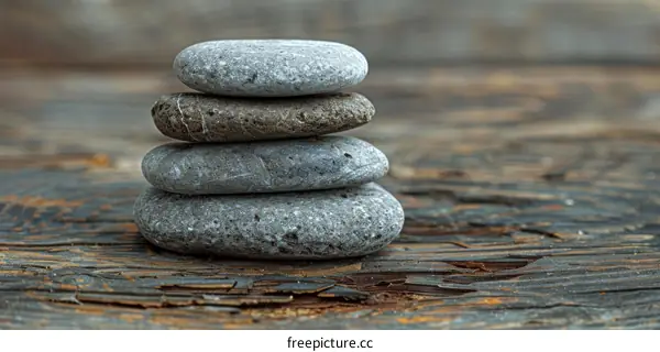 Balanced Stack of Smooth Pebbles on Wood