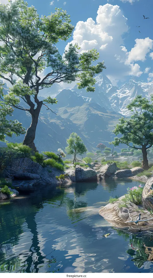 Fantasy Landscape with Mountains, Trees, and Lake