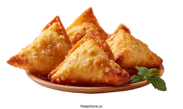 [Transparent Background PNG]Crispy Fried Indian Samosas on a Wooden Plate