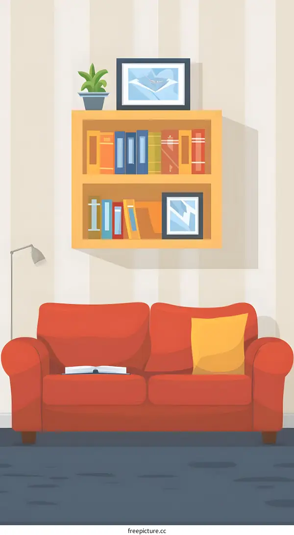 Red Couch in Living Room with Bookshelf