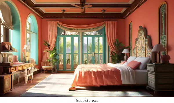 Beautiful Modern Bedroom Interior Design With  Ornate Headboard And Pink Bedding