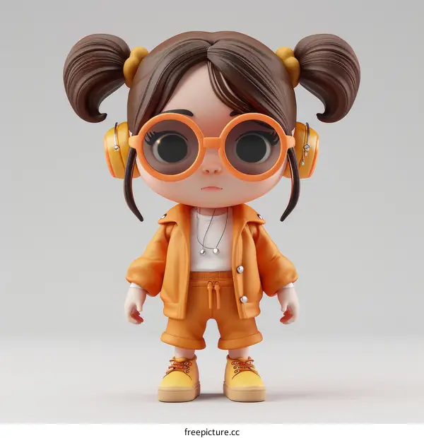 3D illustration of a girl wearing an orange outfit and headphones