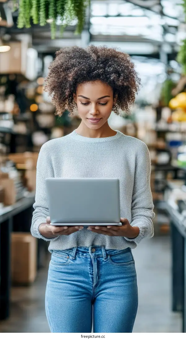 Focused Woman Working on Laptop in a Modern Workspace