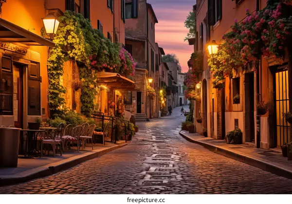 Charming cobblestone street in Trastevere, Rome, Italy