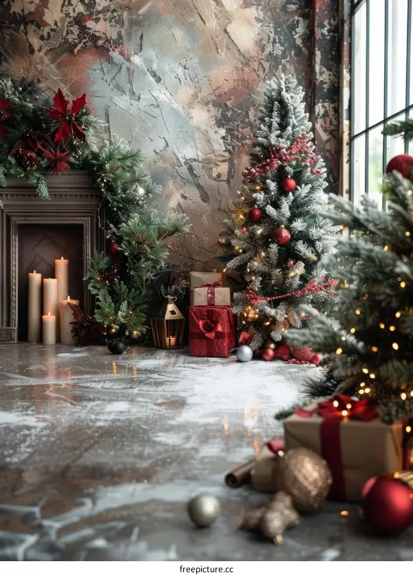 Christmas tree with red and gold ornaments and presents
