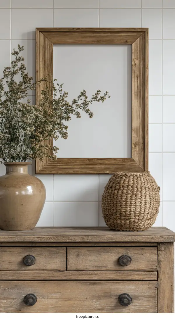 Wooden Frame Decorated with Plants and Basket