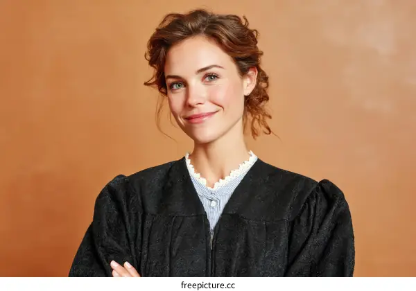 Portrait of confident female judge in black robe with arms crossed