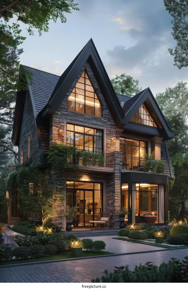 Modern stone and wood home exterior