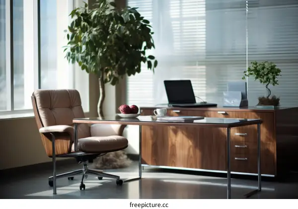 Modern Office Interior with Large Windows and a Leather Chair
