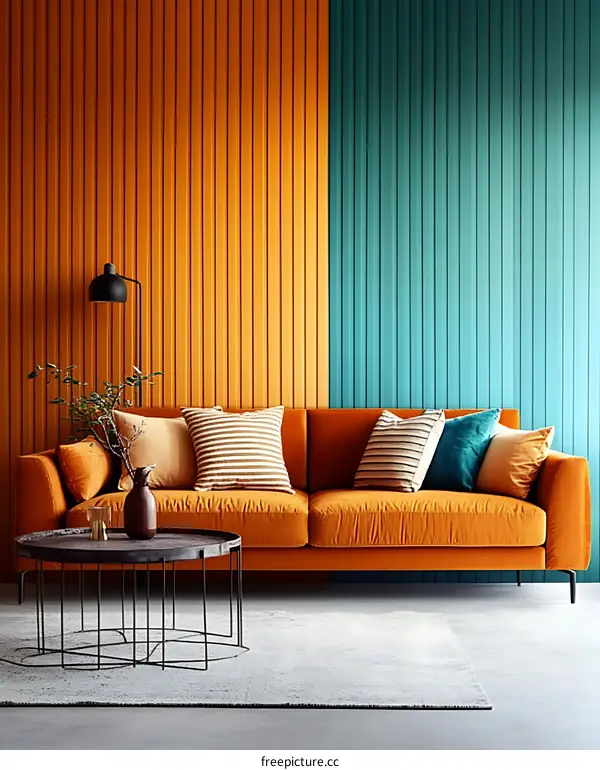 Modern Living Room with Orange and Teal Walls