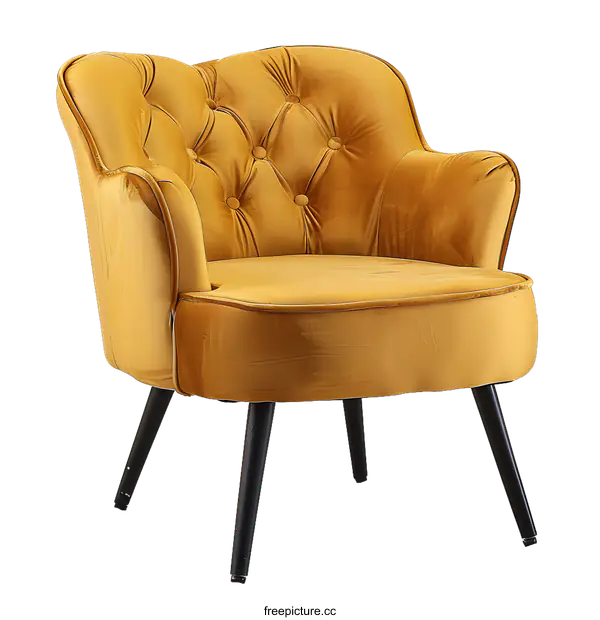 [Transparent Background PNG]Yellow Velvet Armchair with Button Tufted Backrest