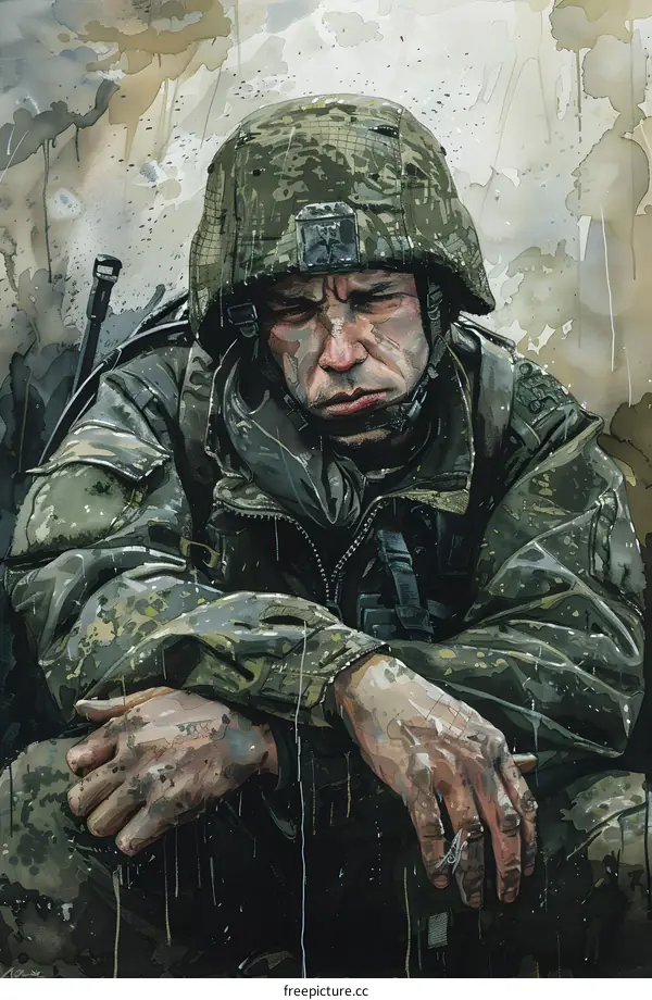 A weary soldier sits on the ground, his face and hands covered in mud. He is wearing a camouflage helmet and a military uniform.