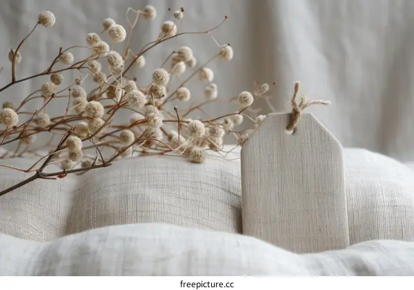 Dried Straw Flowers with Blank Tag on Linen Fabric