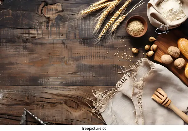 Rustic Wooden Table With Flour, Bread, Nuts, and Wheat