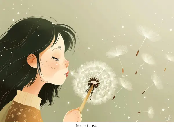 Girl Blowing Dandelion Seeds in the Wind