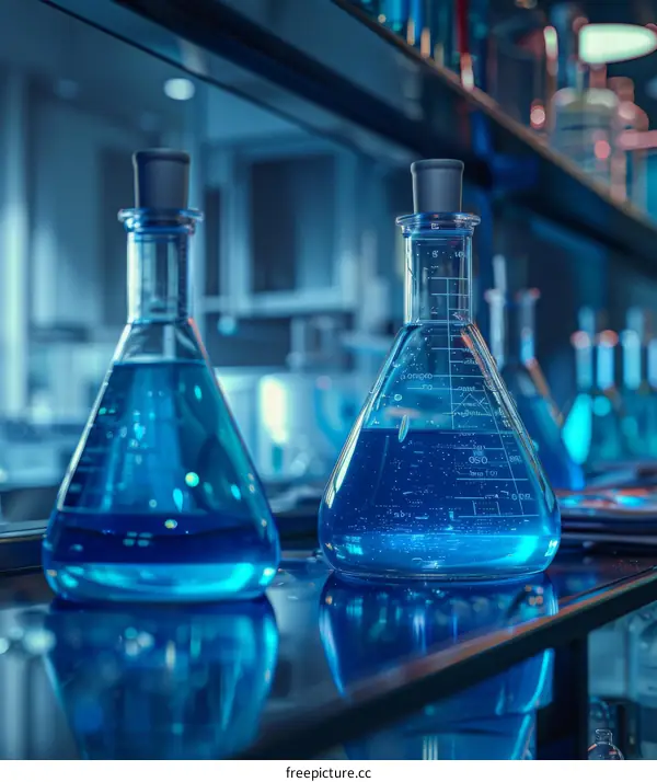 Blue Conical Flasks on a Laboratory Shelf
