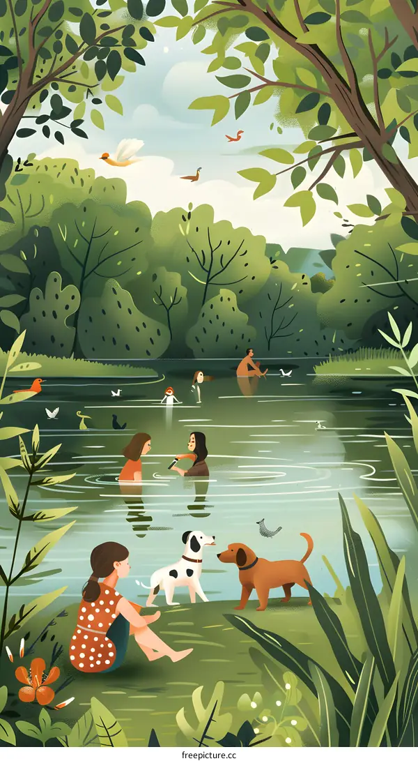 Summer Day at the Lake with People and Dogs