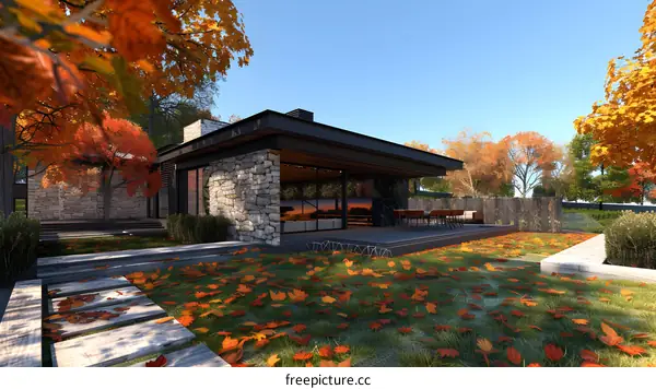 Modern House with Autumn Leaves Backyard