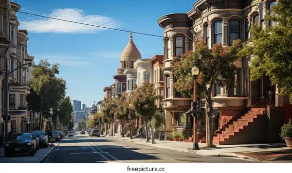 A wide tree-lined street with a row of Victorian style homes